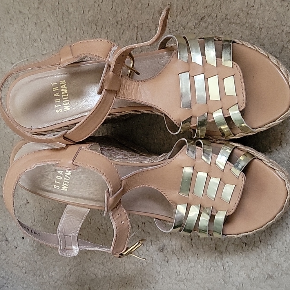 Stuart Weitzman Nude Gold Leather Espadrille Wedge Sandals Ankle Strap Size 8M - Picture 2 of 7